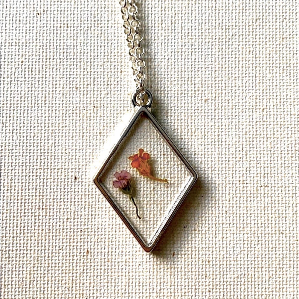 Pink and Yellow Pressed Resin Flower Necklace